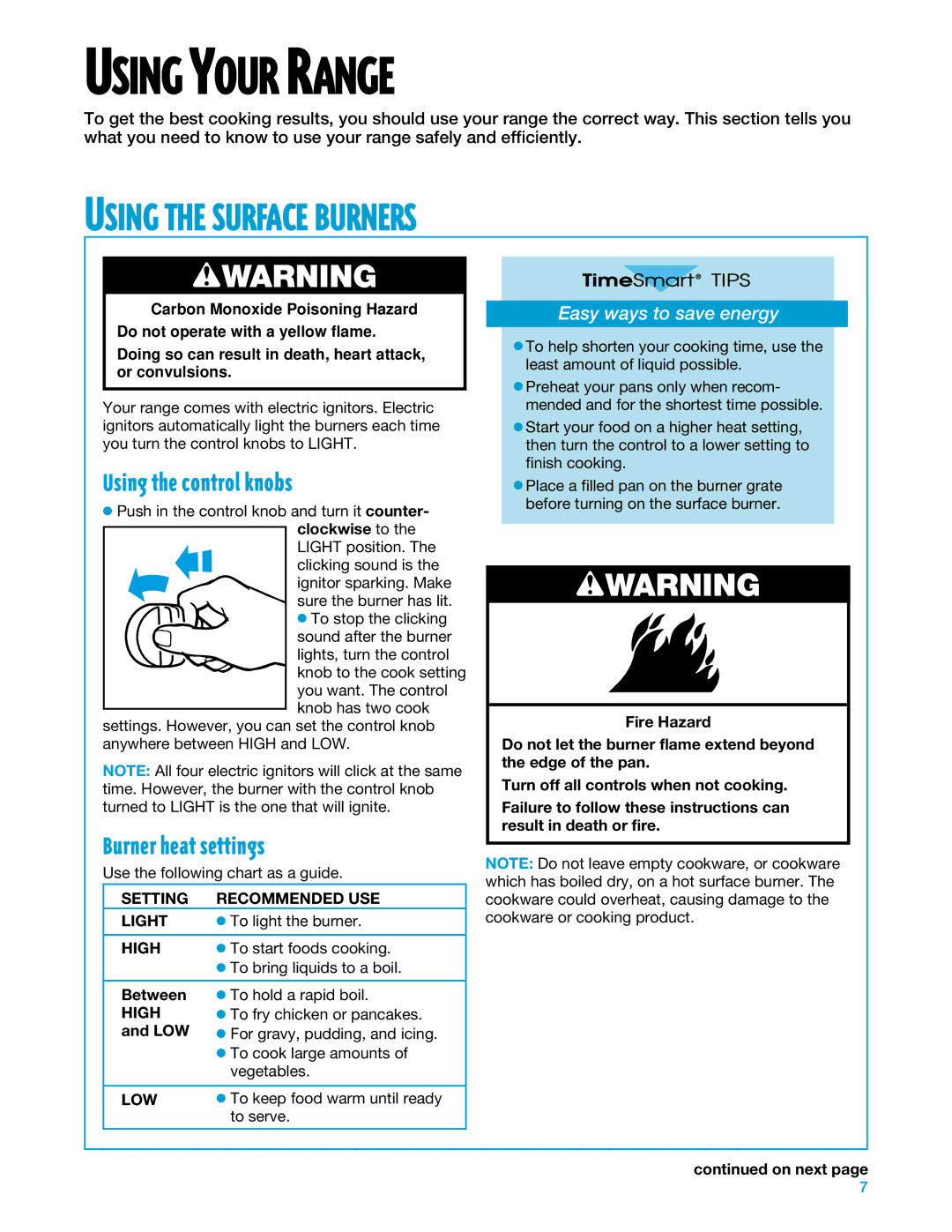 Whirlpool SF375PEE warranty Using Your Range, Using the Surface Burners, Using the control knobs, Burner heat settings 