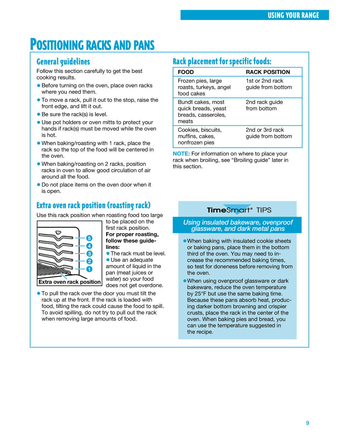 Whirlpool SF375PEE Positioning Racks and Pans, General guidelines, Rack placement for specific foods, Food Rack Position 