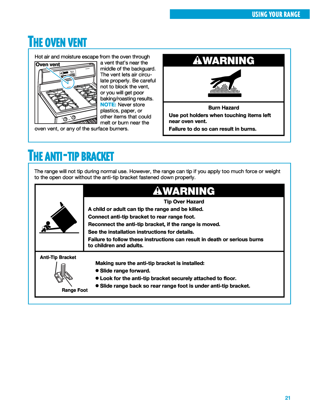 Whirlpool SF375PEE warranty The Oven Vent, The Anti-Tip Bracket, wWARNING, Using Your Range, Burn Hazard 
