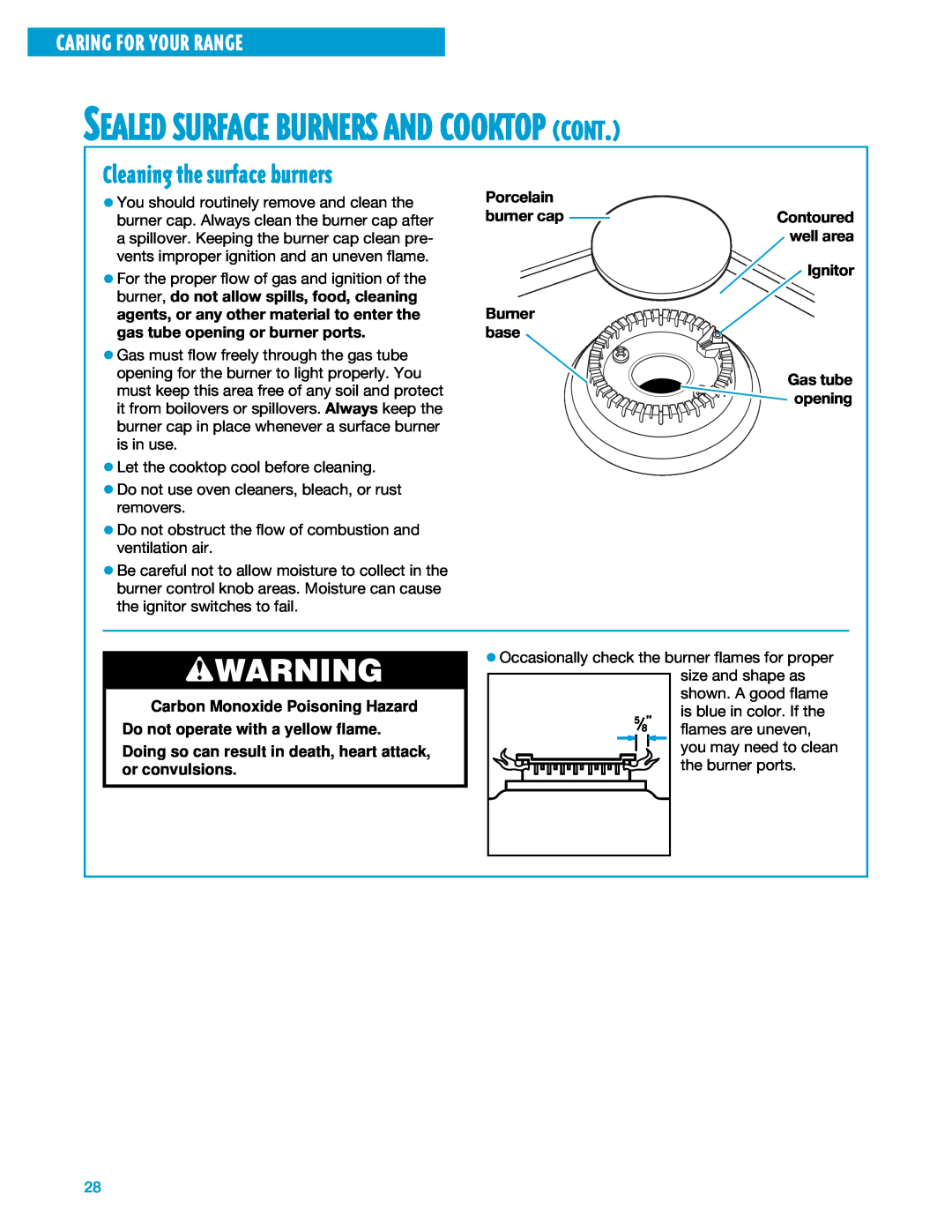 Whirlpool SF375PEE Sealed Surface Burners And Cooktop Cont, Cleaning the surface burners, Caring For Your Range, wWARNING 