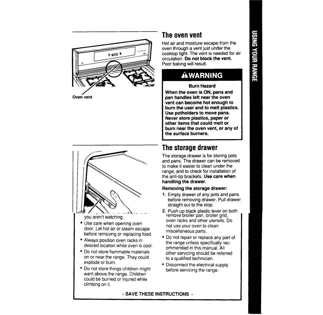 Whirlpool SF375PEW manual Theovenvent, Thestoragedrawer, Removing the storage drawer 