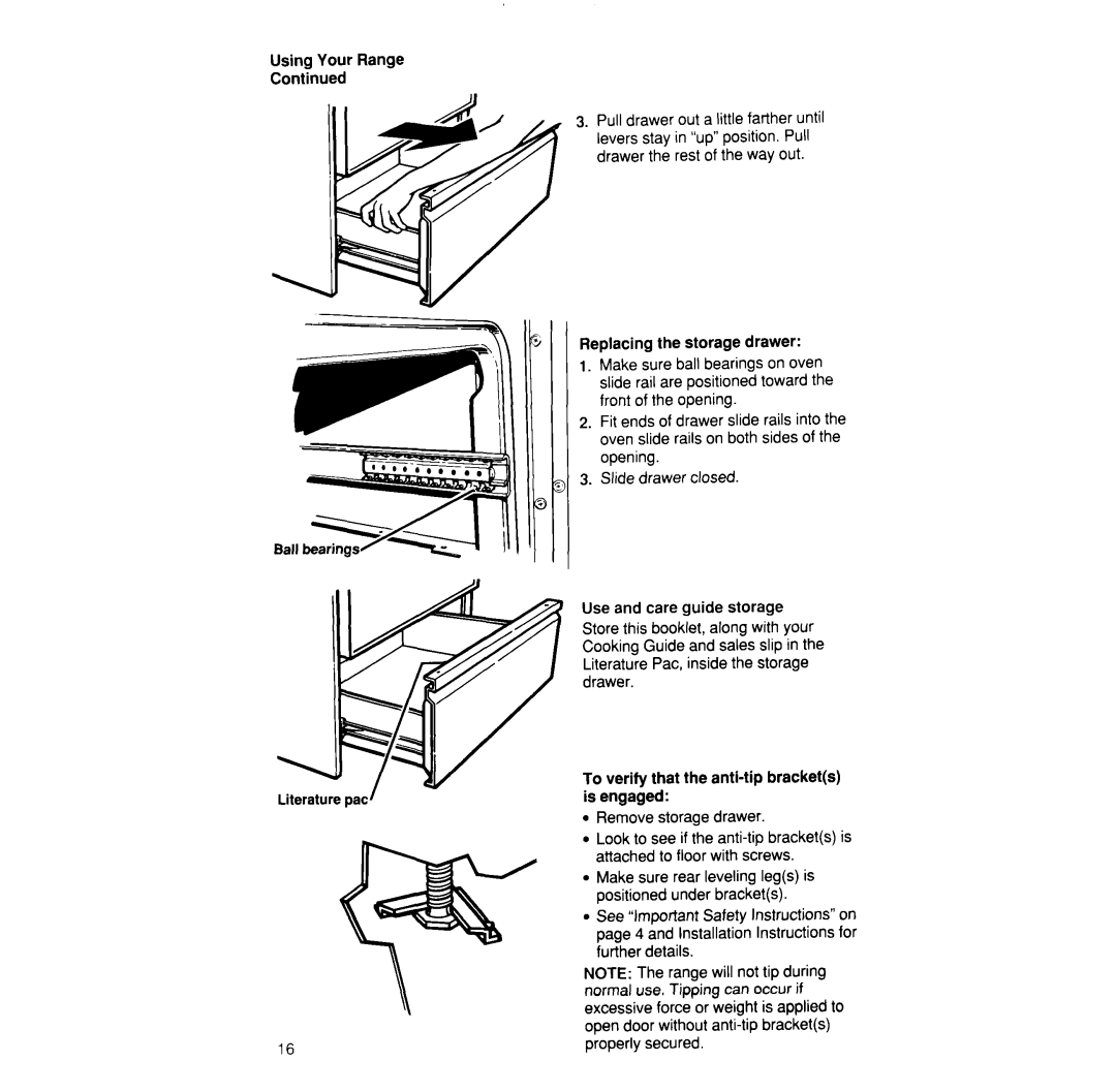 Whirlpool SF375PEW manual Replacing the storage drawer, Use and care guide storage 