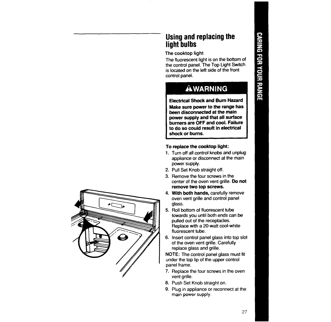 Whirlpool SF375PEW manual Electrical Shock and Bum Hazard, To replace the cooktop light 