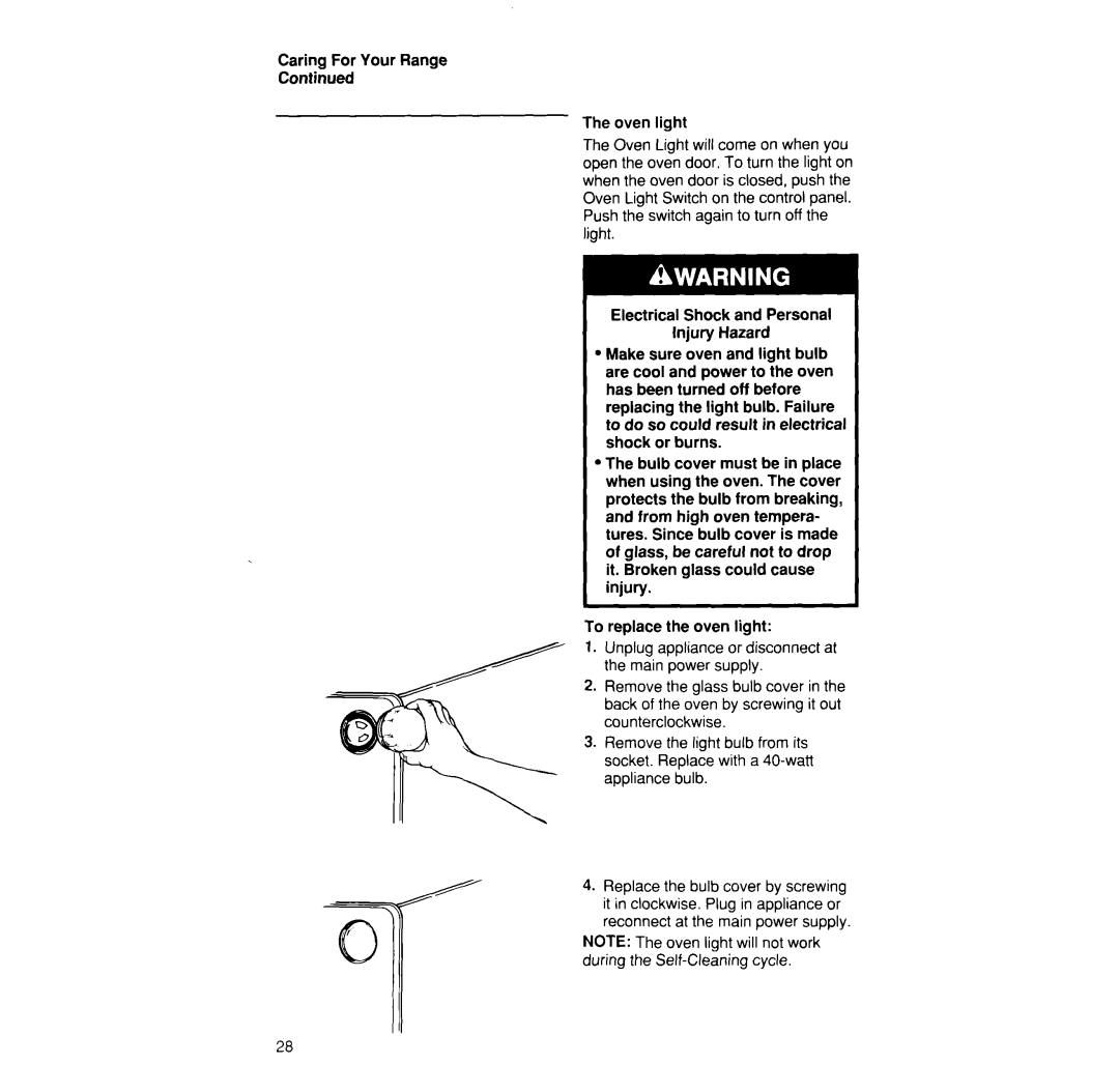 Whirlpool SF375PEW manual Caring For Your Range Oven light 