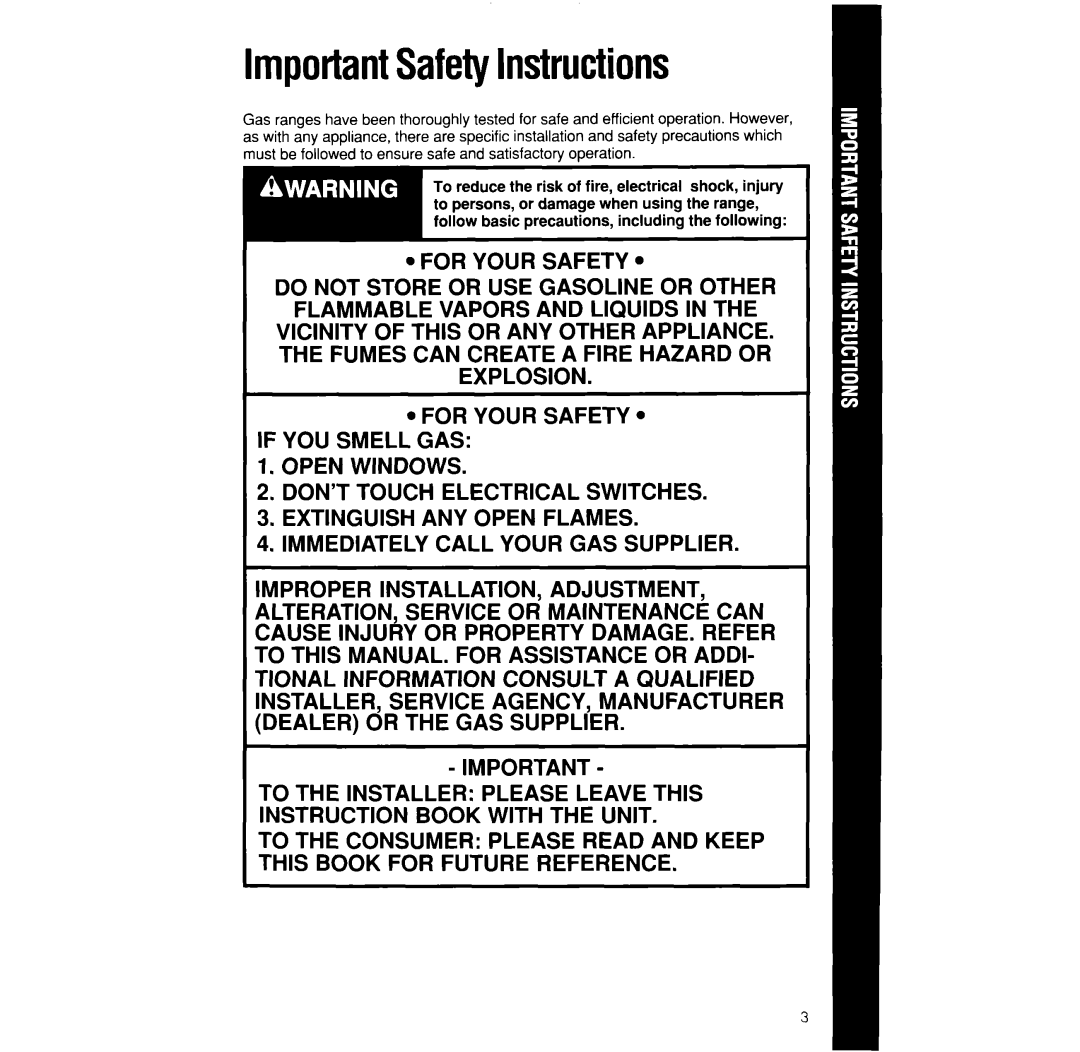 Whirlpool SF375PEW manual ImportantSafetyInstructions 