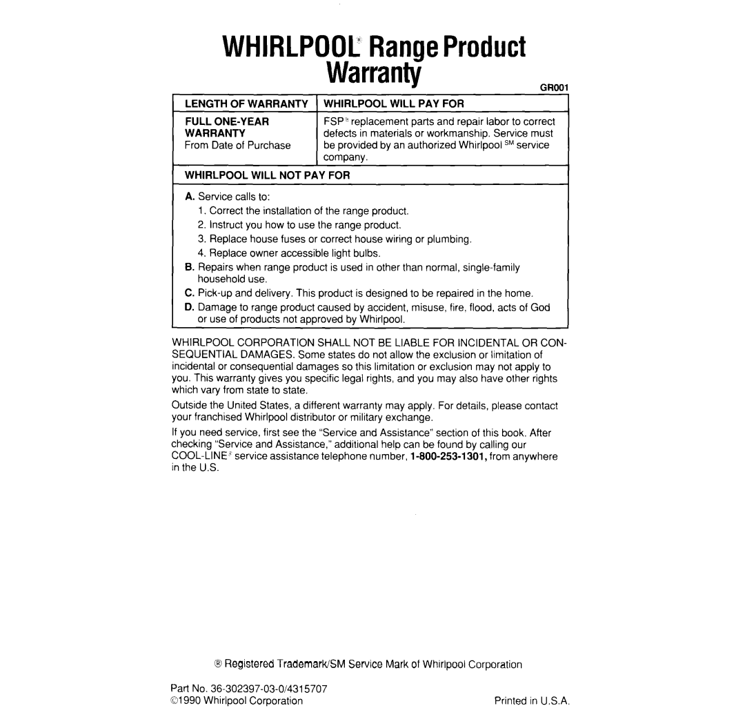 Whirlpool SF375PEW manual WHIRLPOOLRangeProduct Warranty, Registered TrademarWSM Service Mark of Whirlpool Corporation 