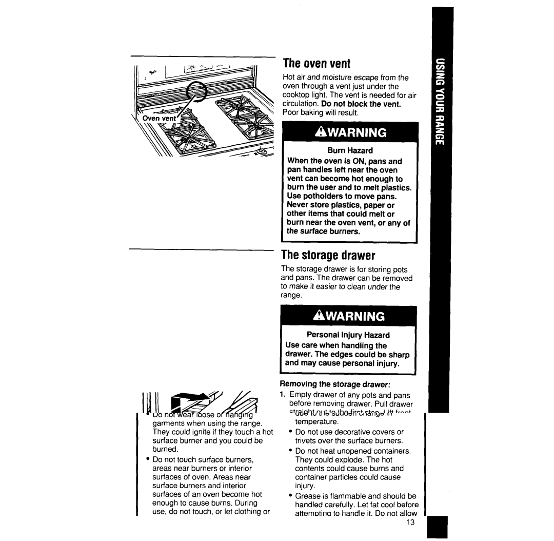 Whirlpool SF376PEP manual Theovenvent, Thestoragedrawer, Removing the storage drawer 