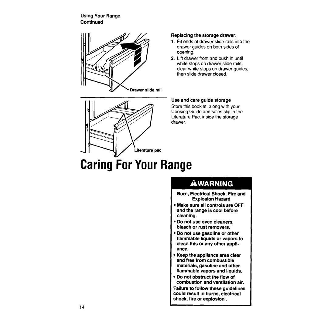 Whirlpool SF376PEP manual CaringForYourRange, Do not obstruct the flow of combustion and ventilation air 