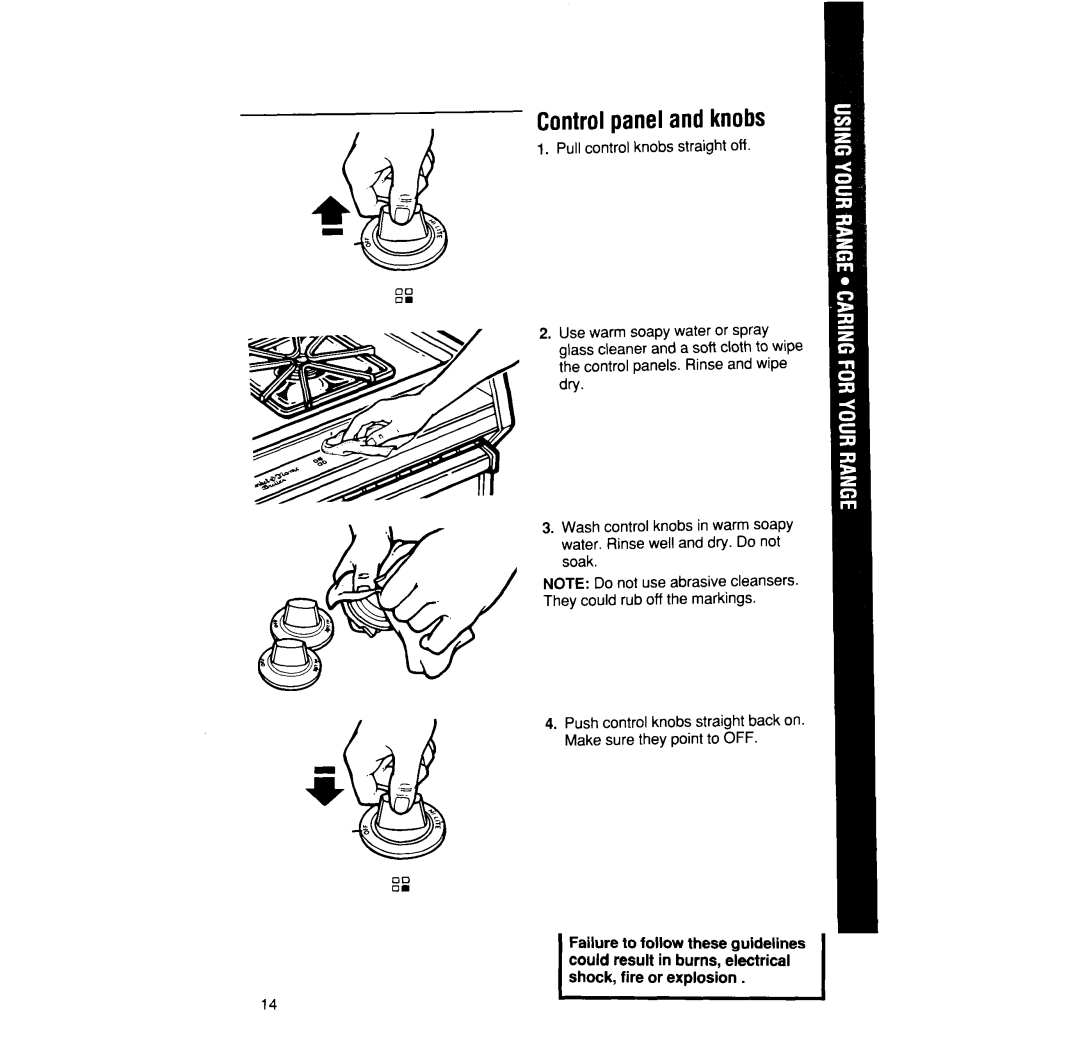 Whirlpool SF376PEP manual Controlpanel and knobs, Pull control knobs straight off 