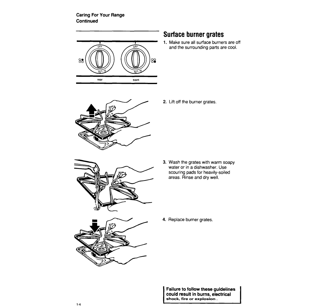 Whirlpool SF376PEP manual Surfaceburnergrates, Caring For Your Range, Lift off the burner grates, Replace burner grates 