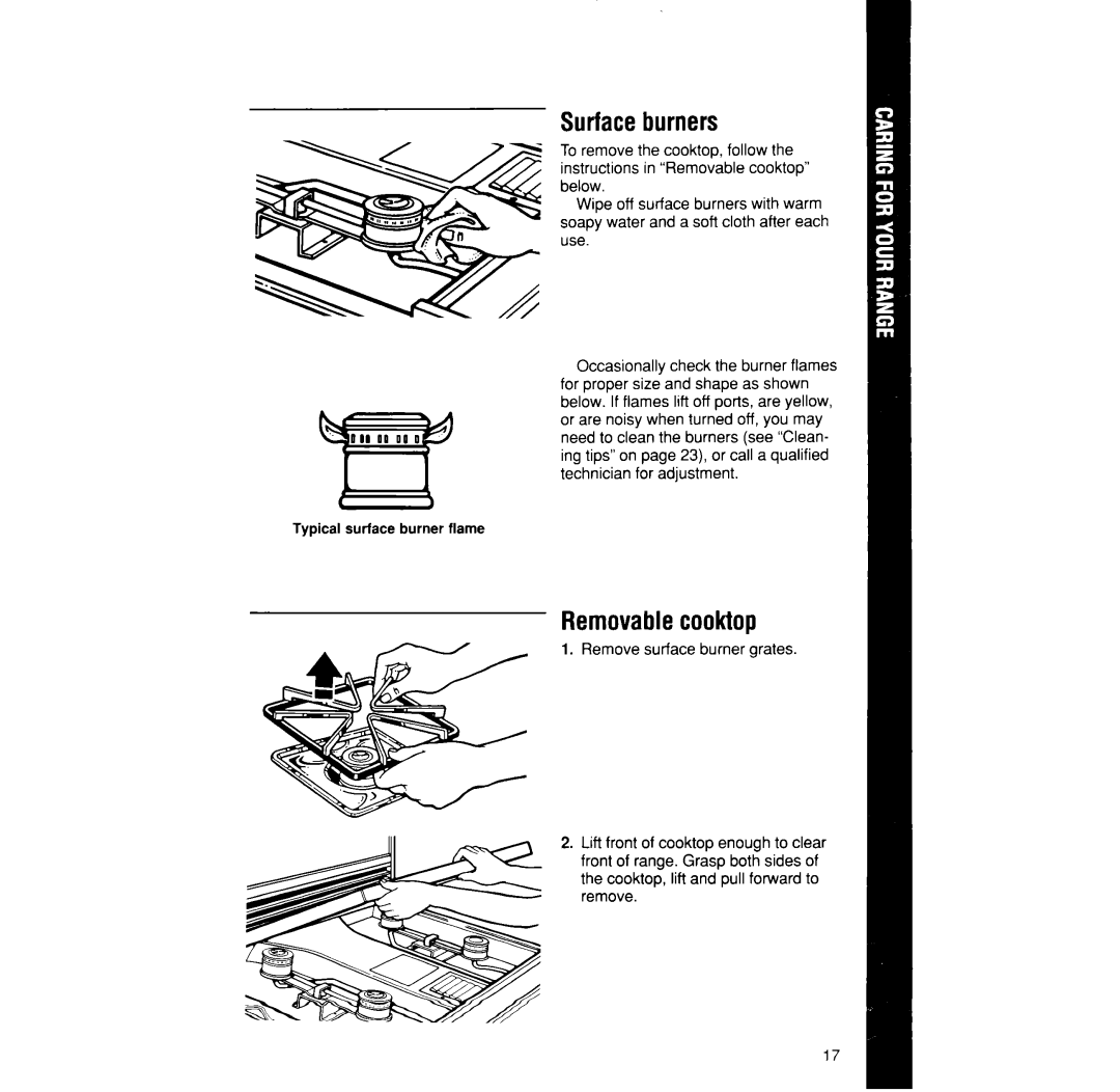 Whirlpool SF376PEP manual Surfaceburners, Removablecooktop 