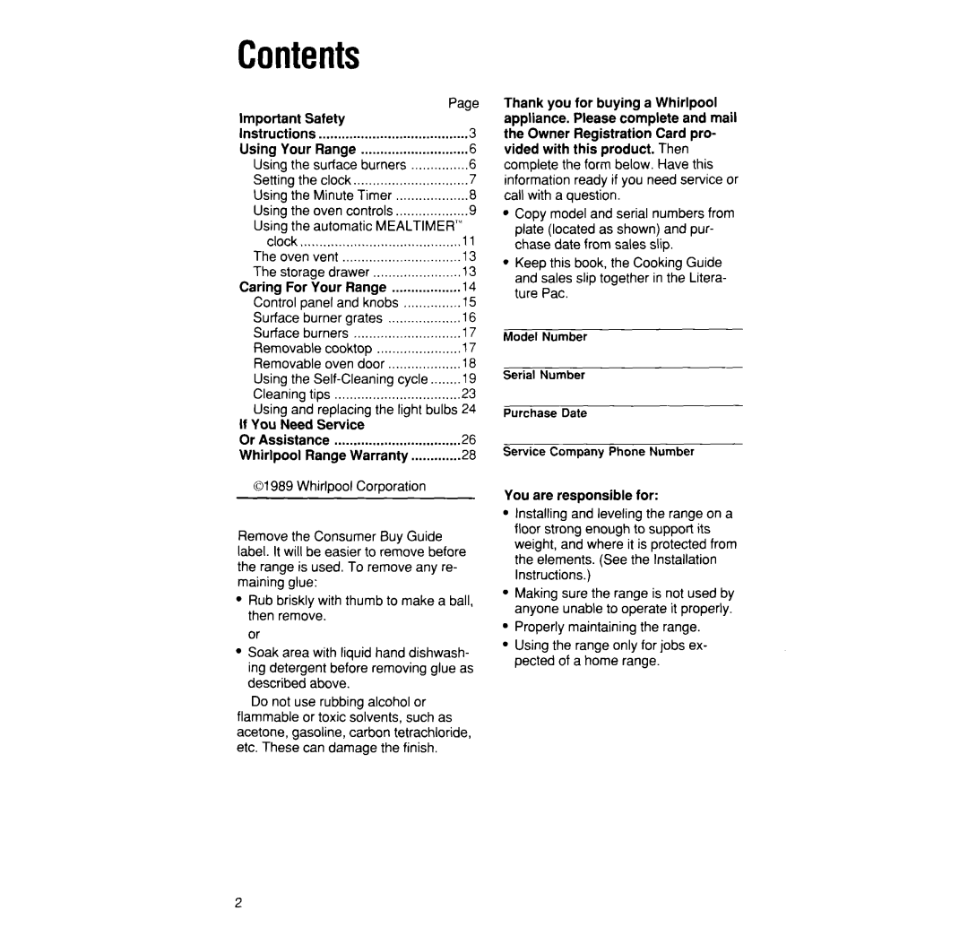 Whirlpool SF376PEP manual Contents 