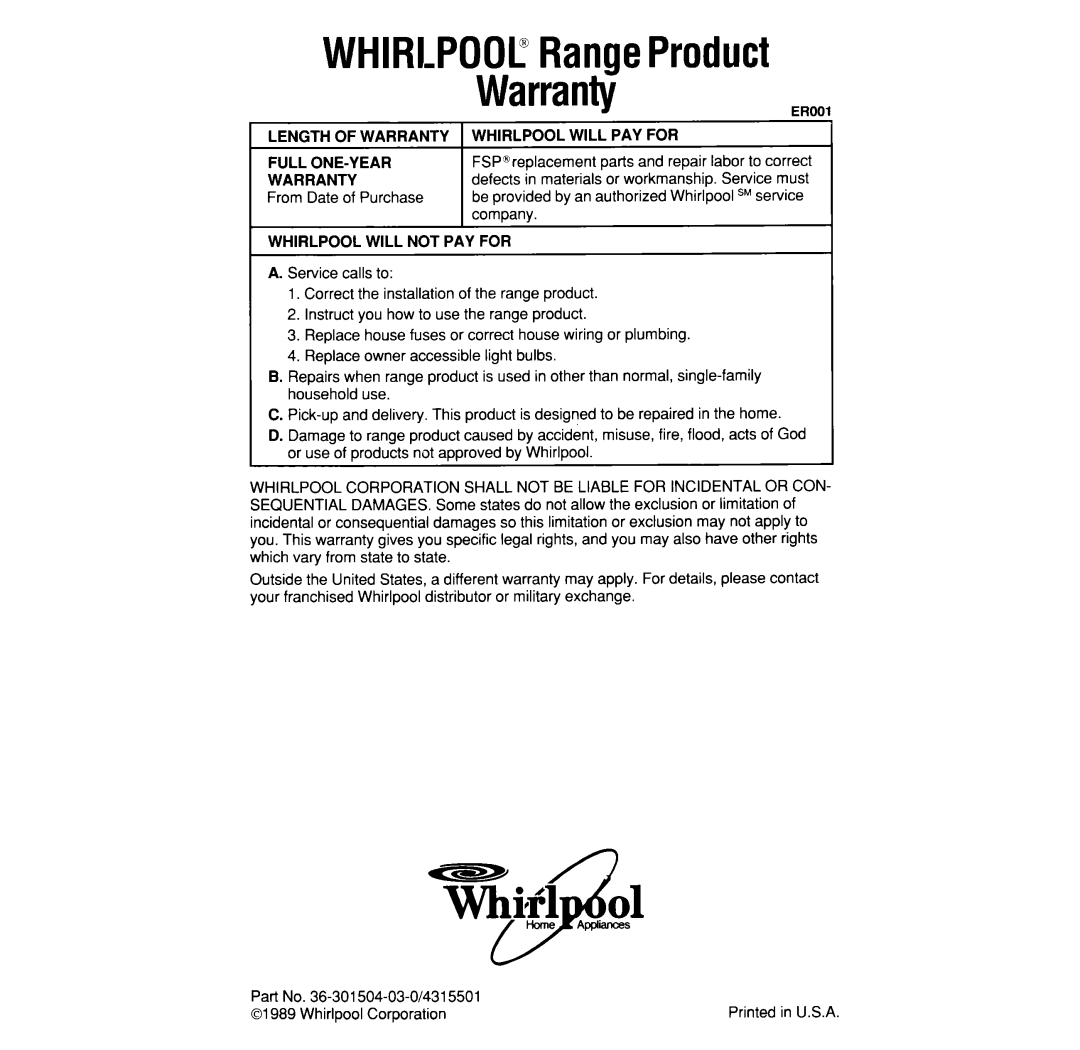 Whirlpool SF376PEP manual WHIRLPOOLRangeProduct Warranty, From Date of Purchase 