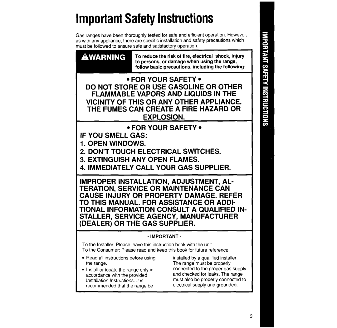 Whirlpool SF376PEP manual ImportantSafetyInstructions 