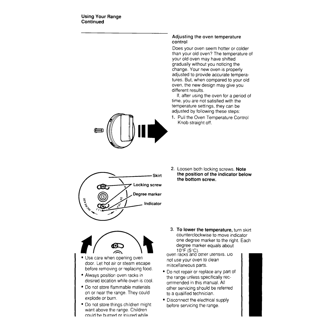 Whirlpool SF376PEW manual Skirt Locking screw Adjusting the oven temperature control 