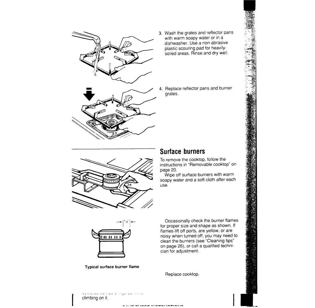 Whirlpool SF376PEW manual Surfaceburners, Replace reflector pans and burner grates, Replace cooktop 