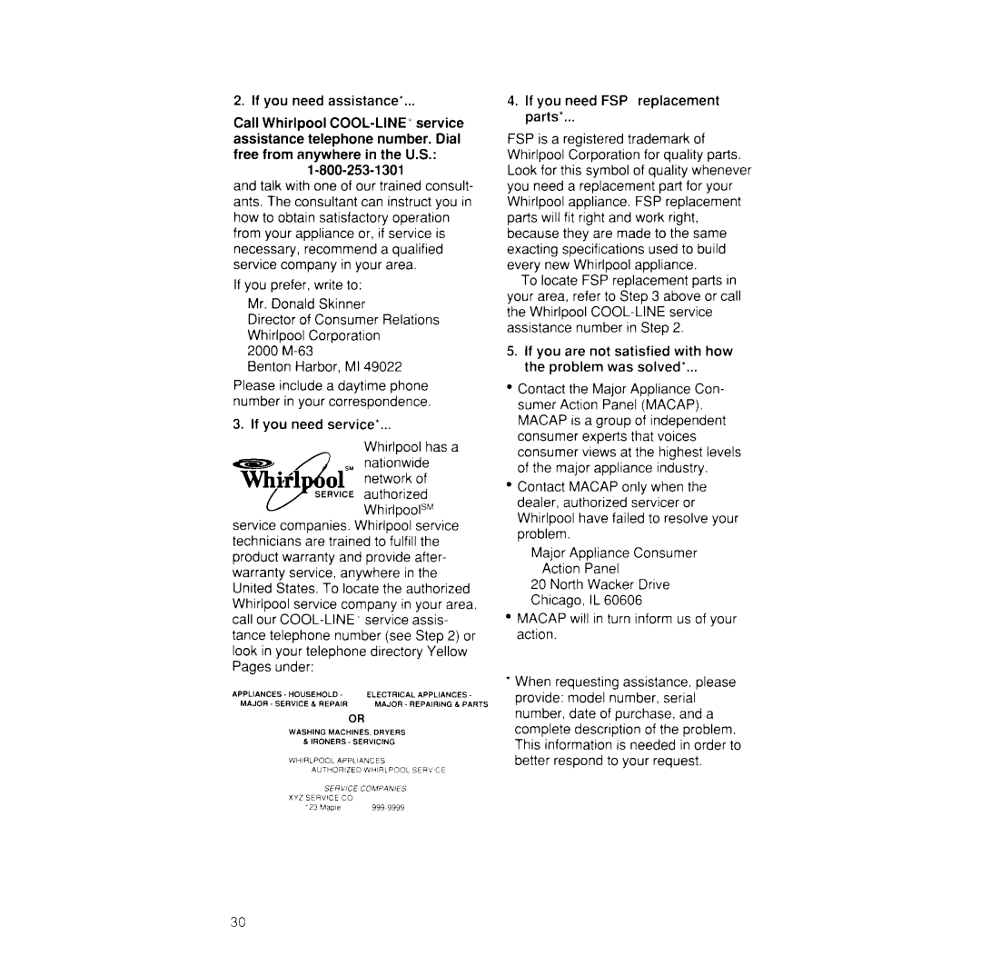Whirlpool SF376PEW manual If you prefer, write to Mr. Donald Skinner, 2000 M-63 Benton Harbor, Ml 