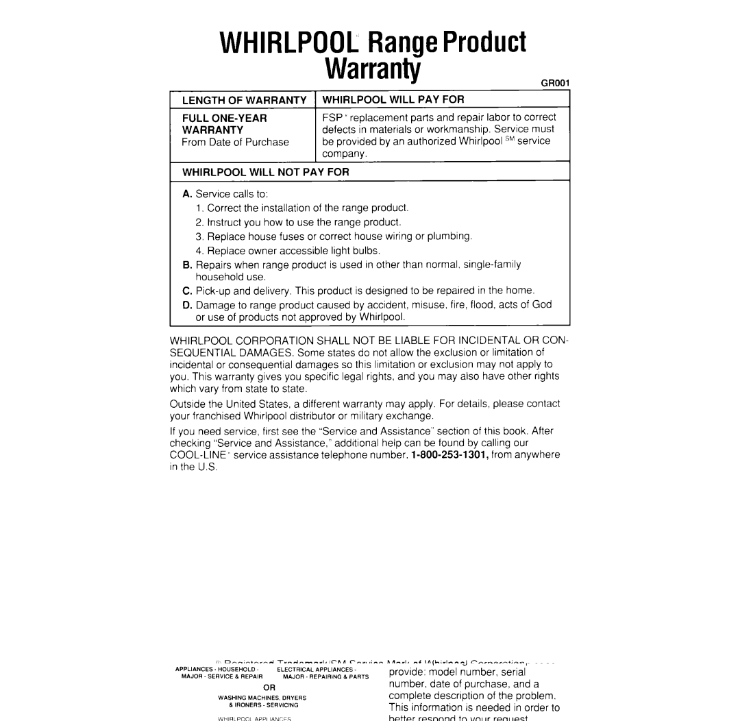 Whirlpool SF376PEW manual WHIRLPOOLRangeProduct Warranty, From Date of Purchase 