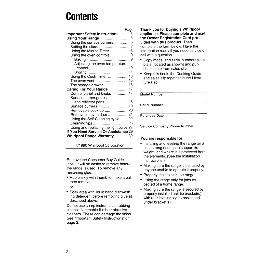 Whirlpool SF376PEW manual Contents 