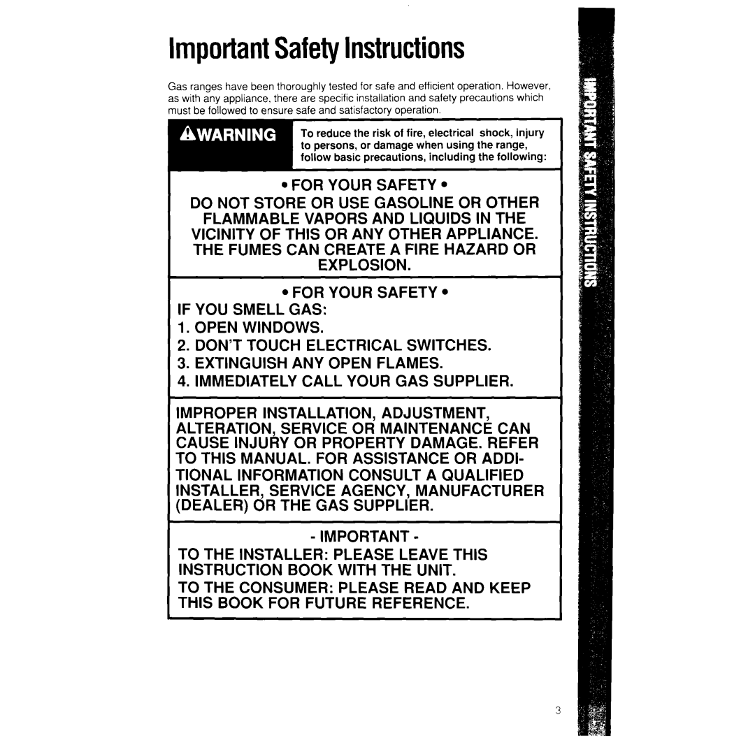 Whirlpool SF376PEW manual ImportantSafetyInstructions 