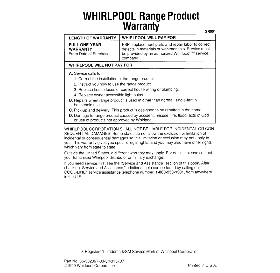 Whirlpool SF376PEW manual WHIRLPOOLRangeProduct Warranty 