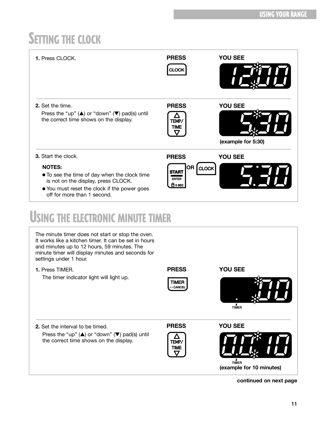 Whirlpool SF377PEG warranty Setting the Clock, Using the Electronic Minute Timer 