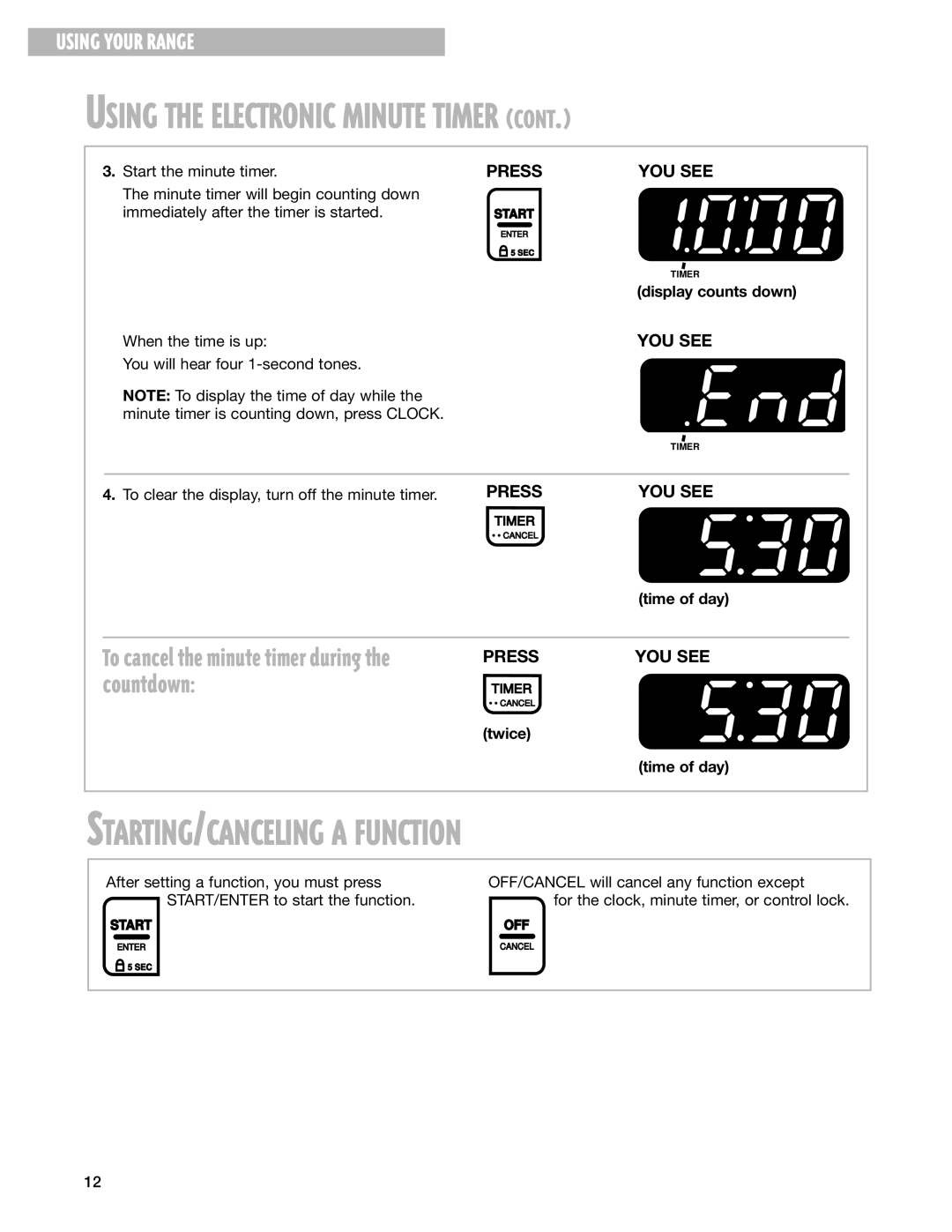 Whirlpool SF377PEG warranty STARTING/CANCELING a Function, Display counts down, Twice Time of day 