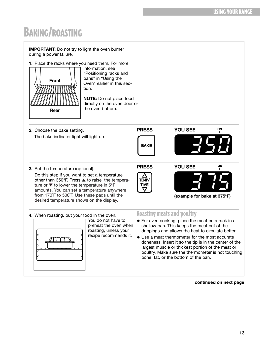 Whirlpool SF377PEG warranty Baking/Roasting, Roasting meats and poultry, Example for bake at 375F 