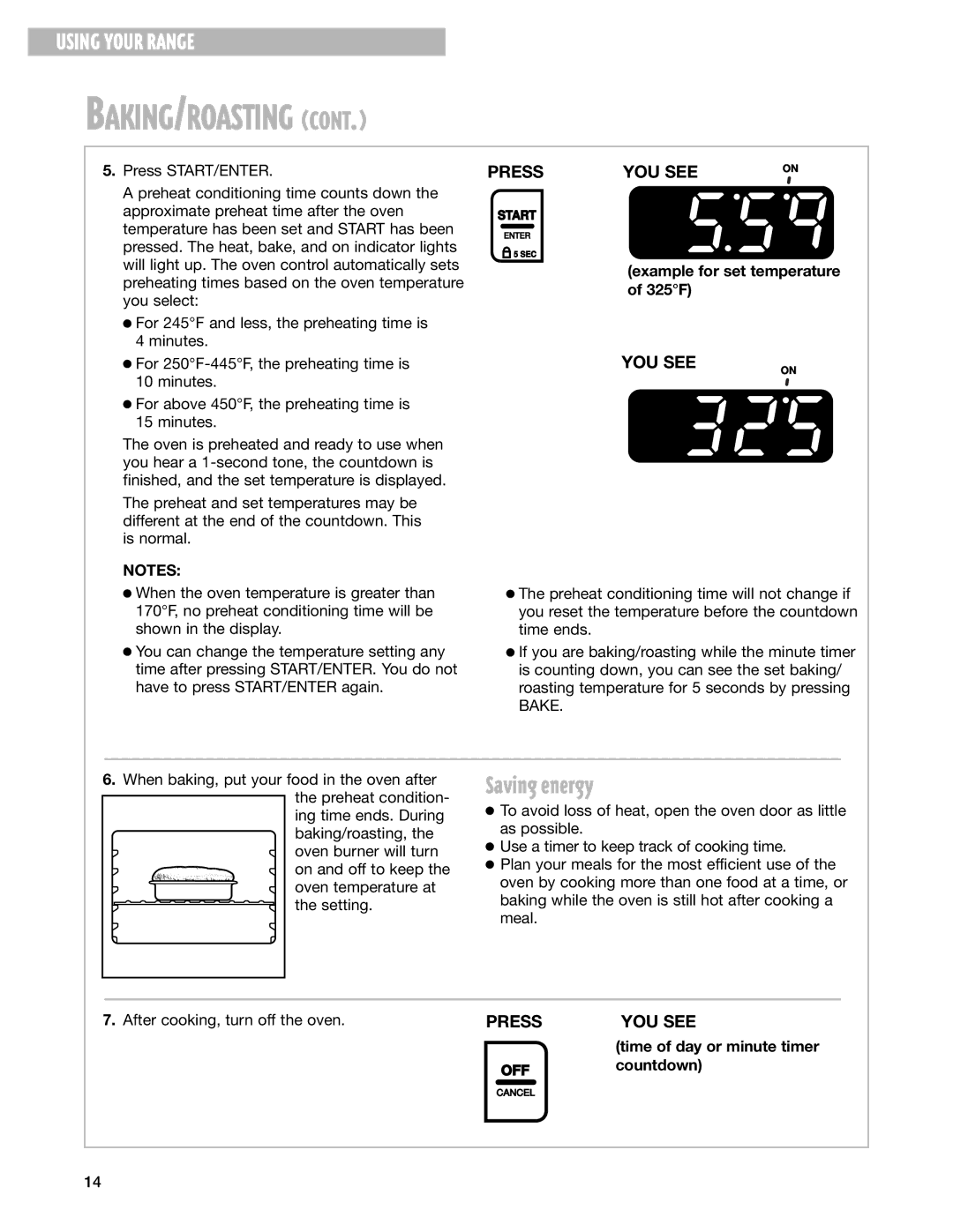 Whirlpool SF377PEG warranty Saving energy, Example for set temperature of 325F, After cooking, turn off the oven, Countdown 