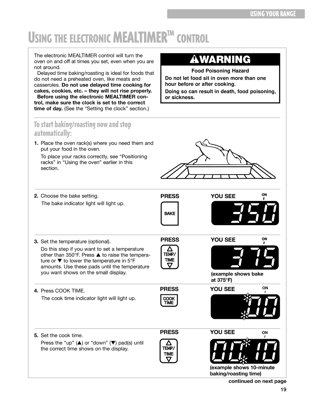 Whirlpool SF377PEG Example shows bake at 375F Press Cook Time, Cook time indicator light will light up, Set the cook time 