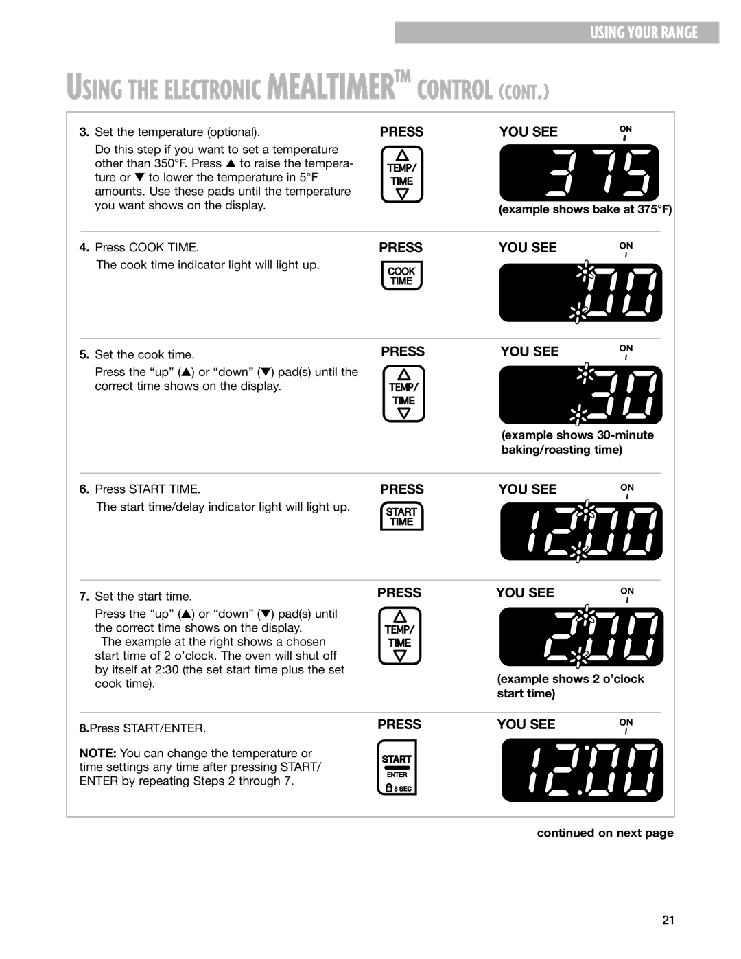 Whirlpool SF377PEG warranty Example shows bake at 375F, Example shows 30-minute, Baking/roasting time, Press Start Time 