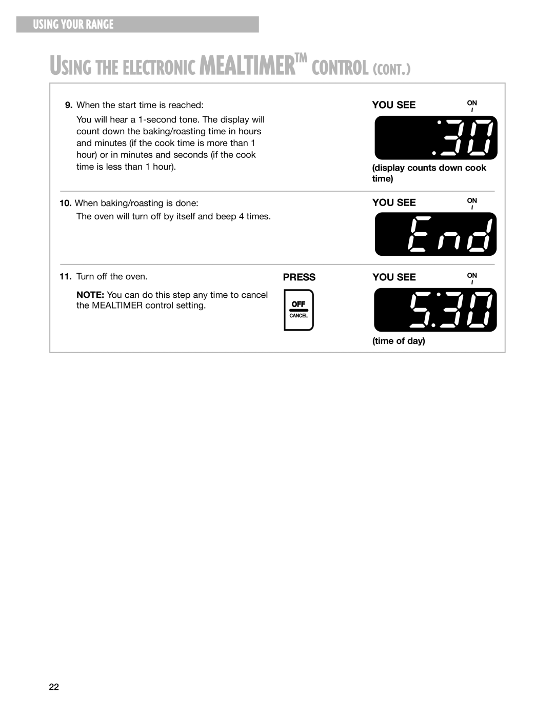 Whirlpool SF377PEG warranty Using the Electronic Mealtimertm Control 