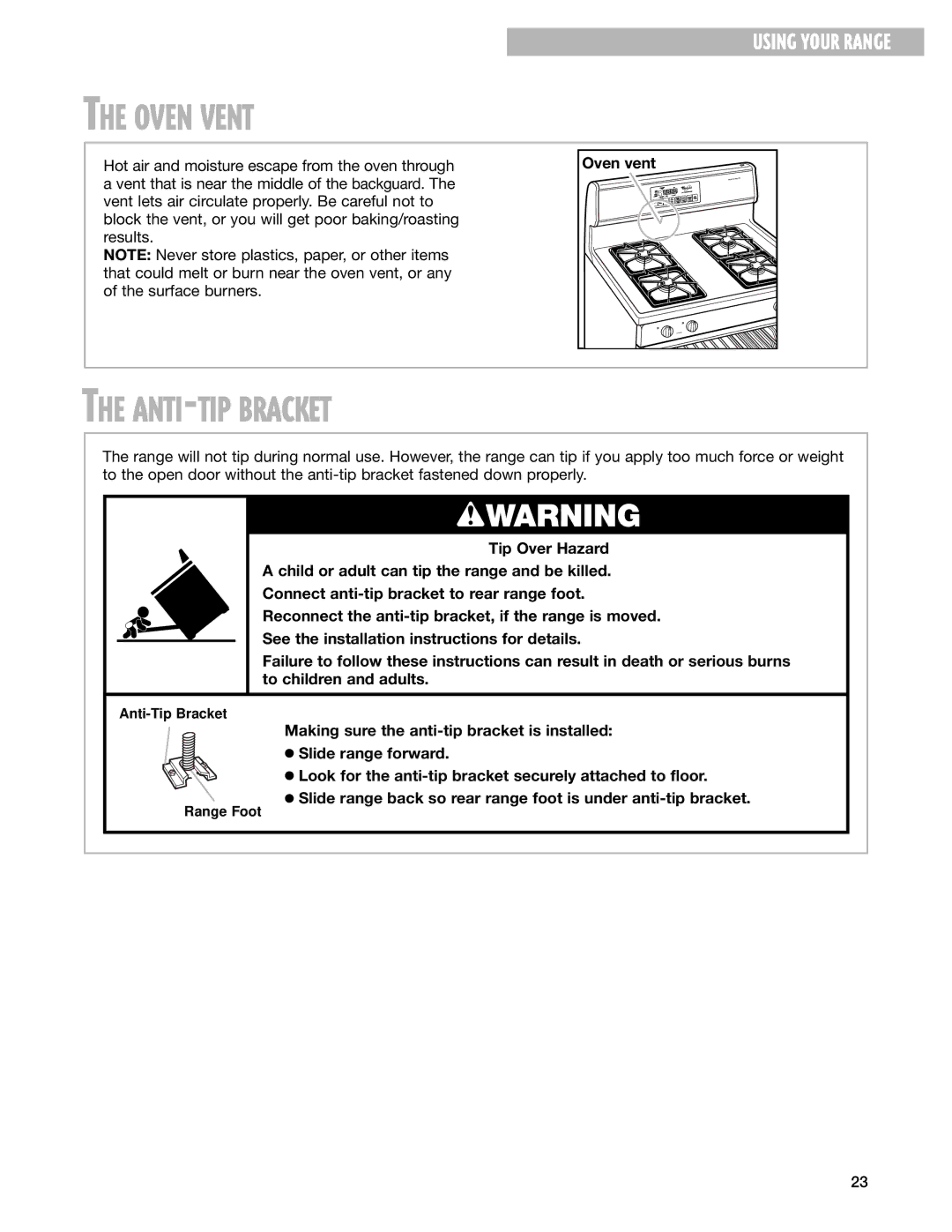 Whirlpool SF377PEG warranty Oven Vent, ANTI-TIP Bracket 