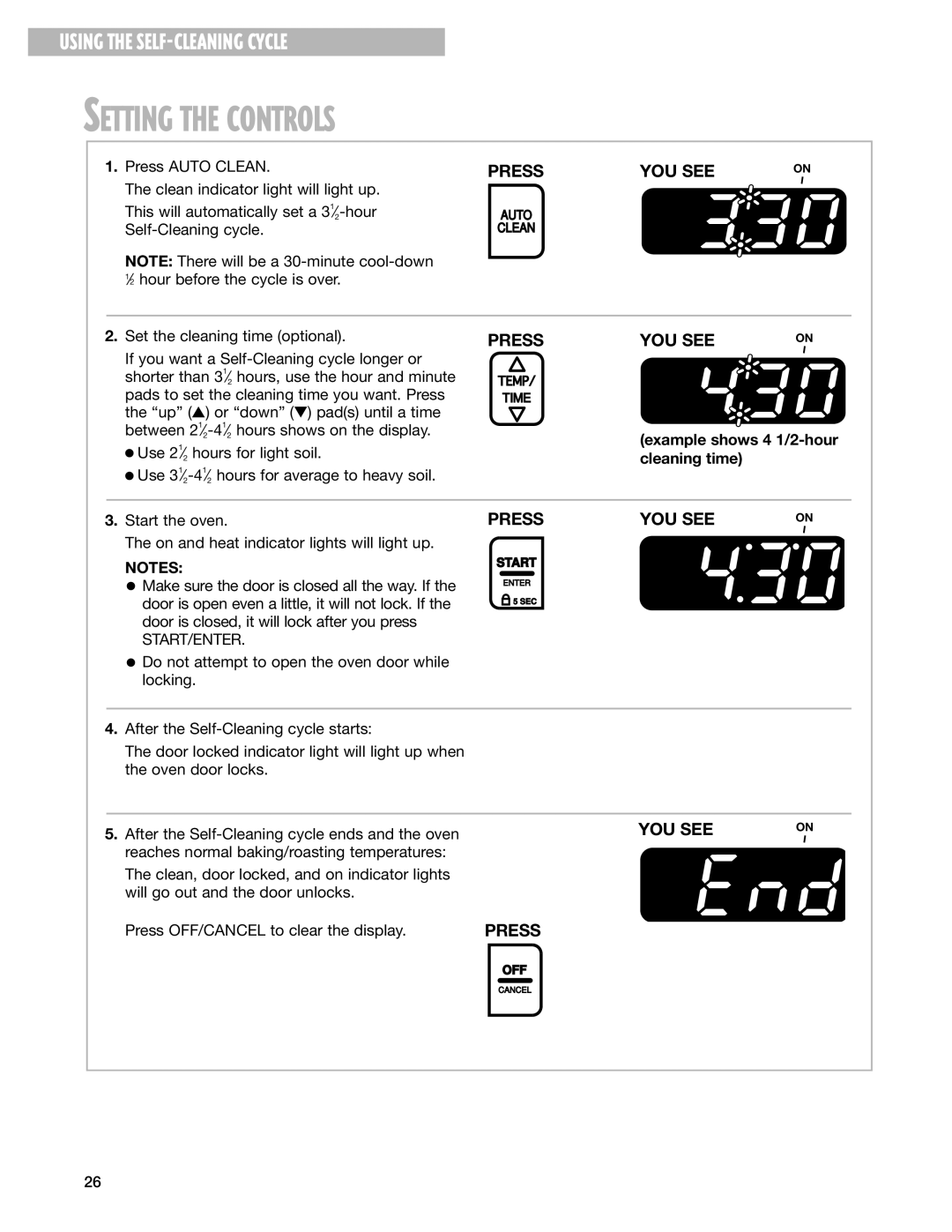 Whirlpool SF377PEG warranty Setting the Controls, Example shows 4 1/2-hour cleaning time 