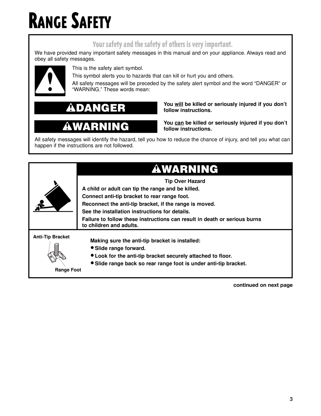 Whirlpool SF377PEG warranty Range Safety, On next 