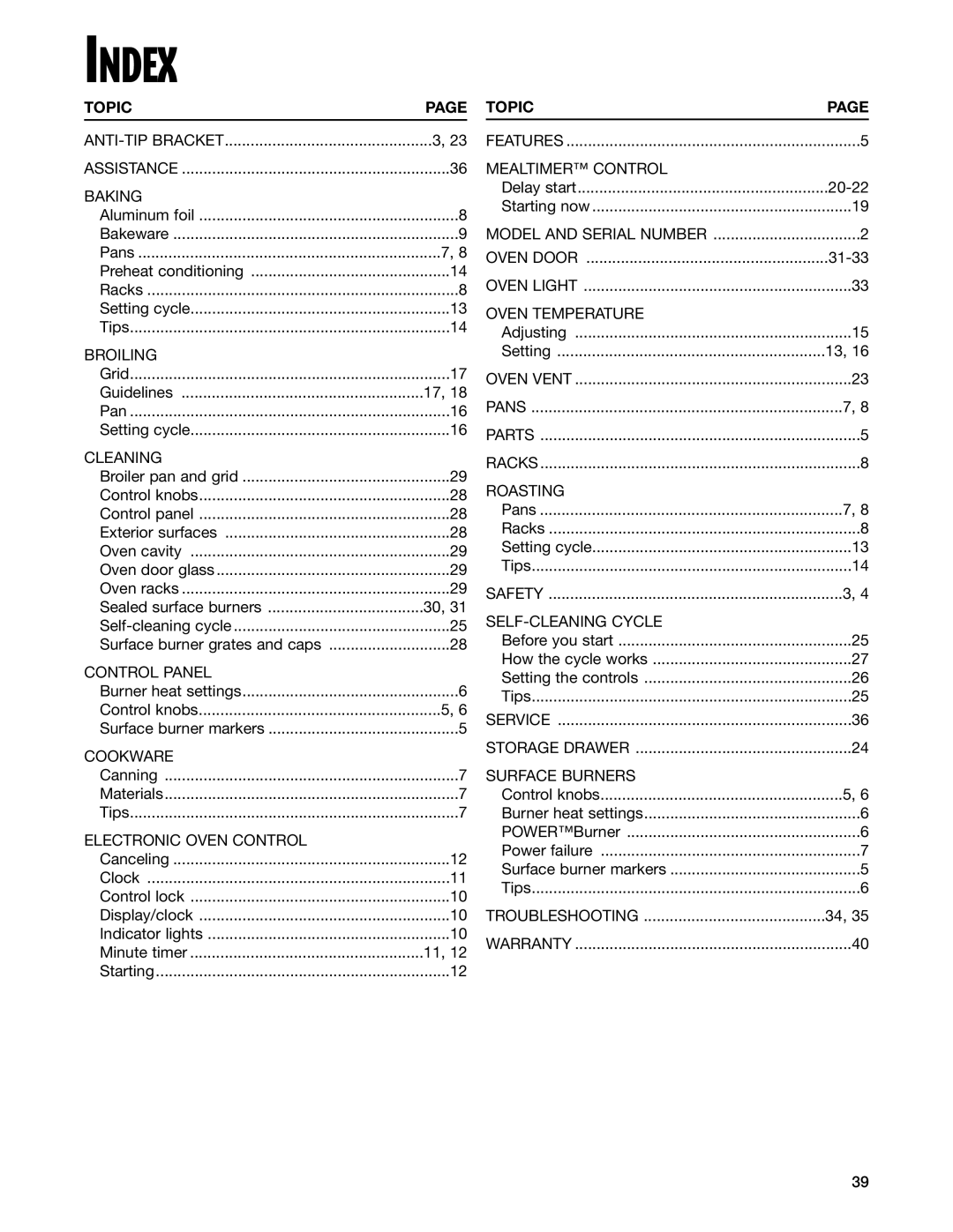 Whirlpool SF377PEG warranty Index, Topic 