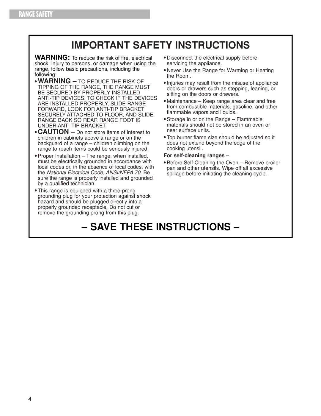 Whirlpool SF377PEG warranty Important Safety Instructions, For self-cleaning ranges 