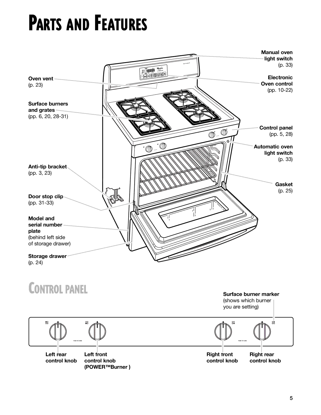 Whirlpool SF377PEG warranty Parts and Features, Storage drawer, Left Rear Front Control knob POWERBurner 