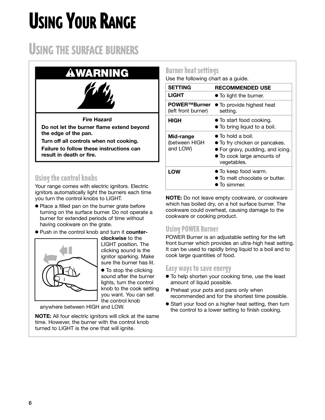 Whirlpool SF377PEG warranty Using Your Range, Using the Surface Burners 