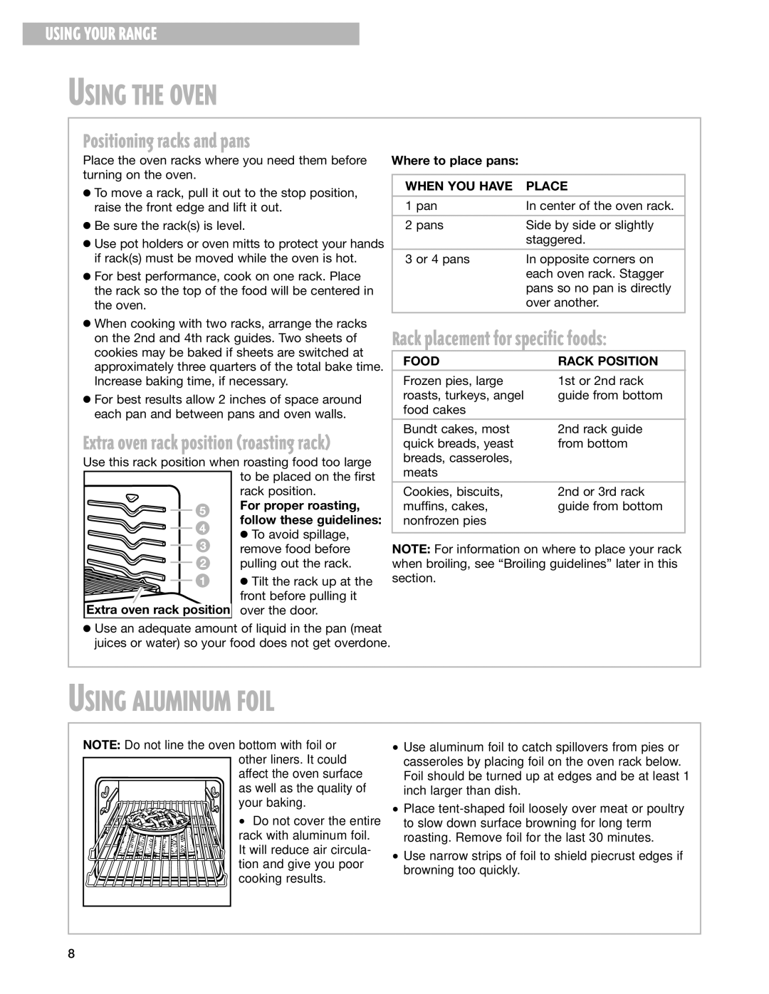 Whirlpool SF377PEG Using Aluminum Foil, Positioning racks and pans, Rack placement for specific foods, When YOU have Place 