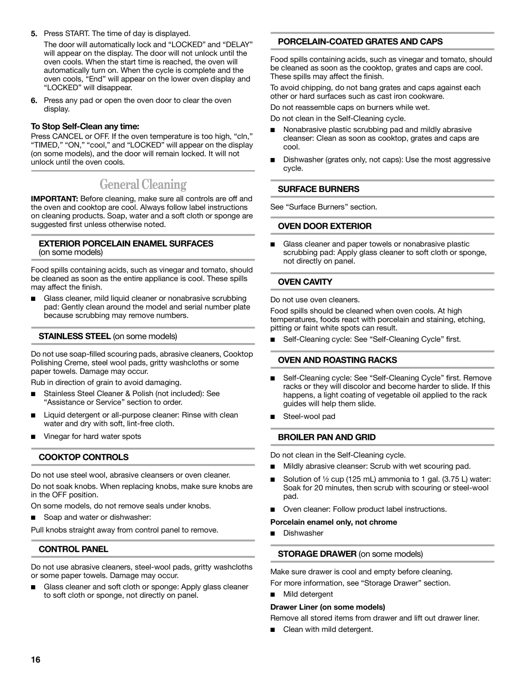 Whirlpool SF378LEPB1 manual General Cleaning 