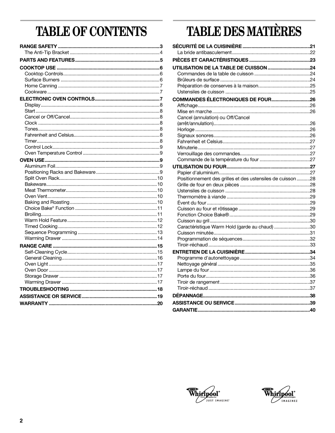 Whirlpool SF378LEPB1 manual Table DES Matières 