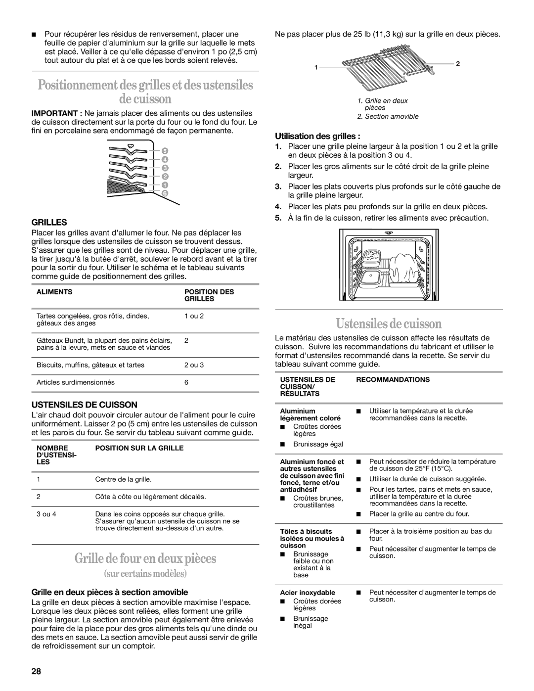 Whirlpool SF378LEPB1 manual De cuisson, Grille de four en deux pièces, Grilles, Ustensiles DE Cuisson 