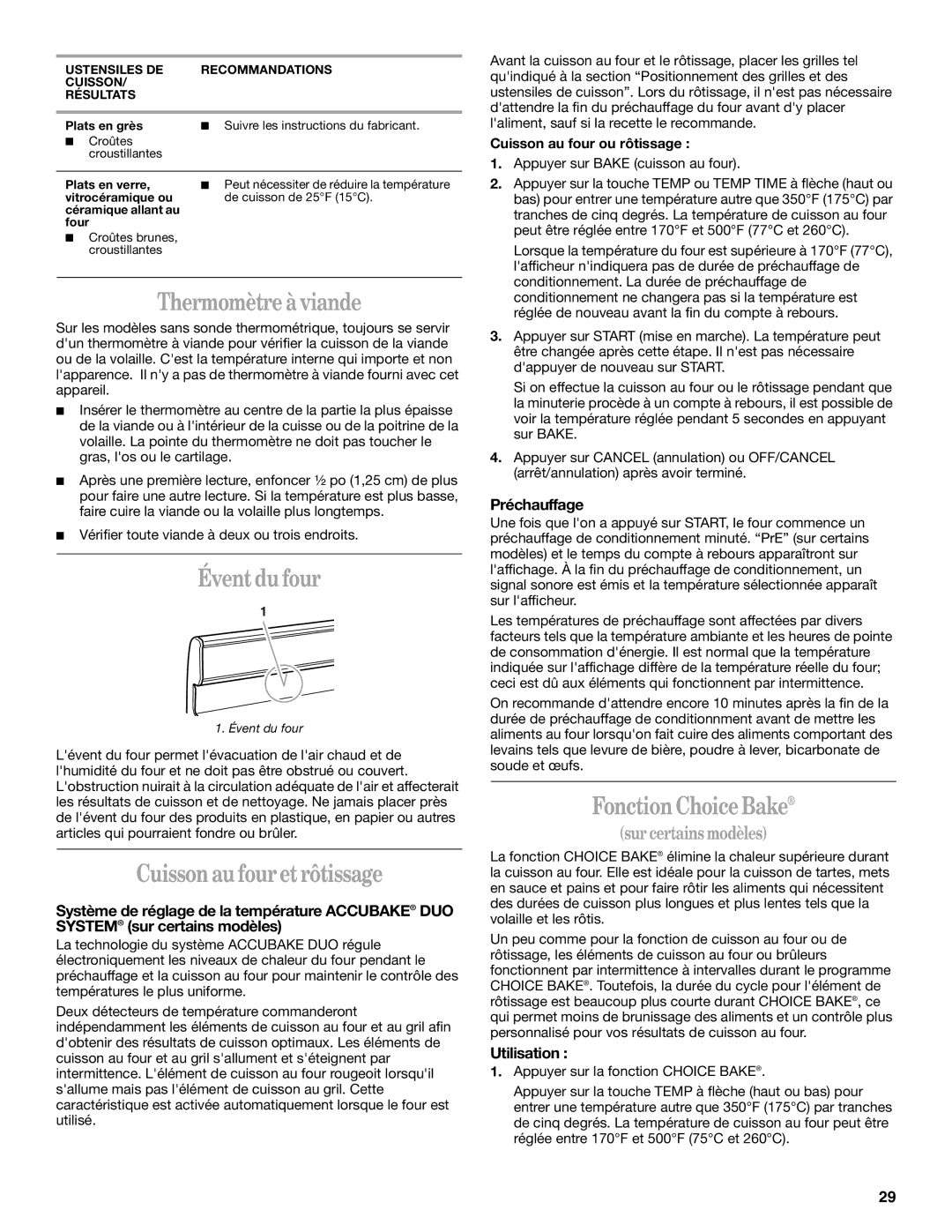 Whirlpool SF378LEPB1 manual Thermomètre à viande, Évent du four, Cuisson au four et rôtissage, Fonction Choice Bake 