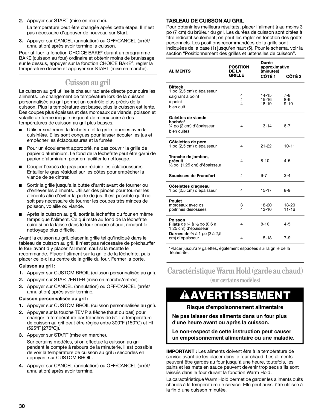 Whirlpool SF378LEPB1 manual Cuisson au gril, Tableau DE Cuisson AU Gril, Cuisson personnalisée au gril 