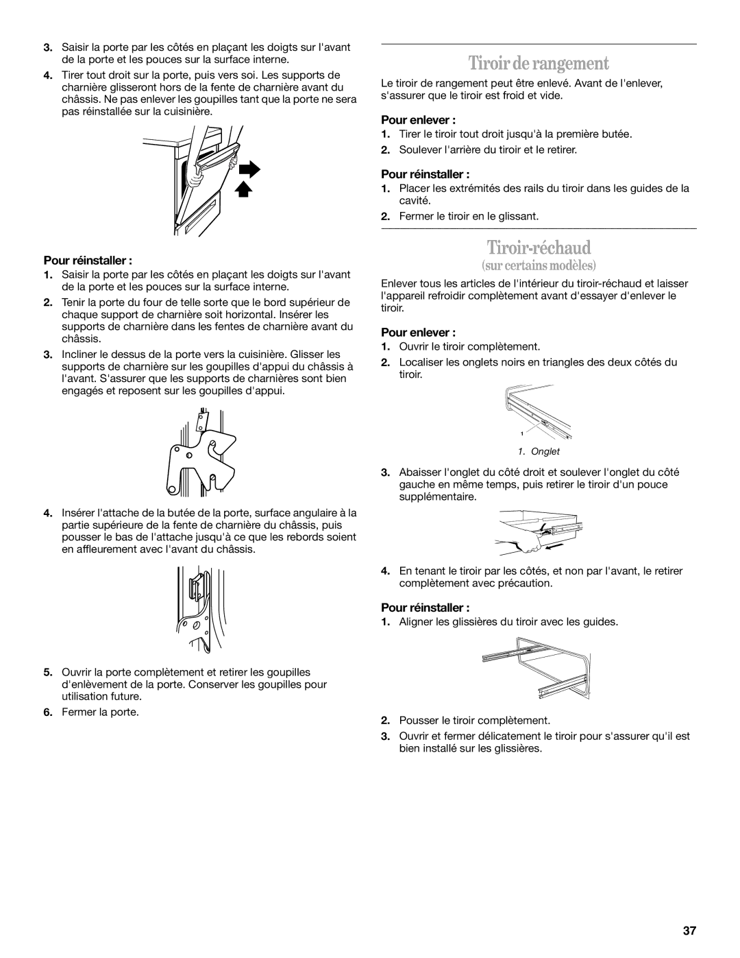 Whirlpool SF378LEPB1 manual Tiroir de rangement, Pour réinstaller 