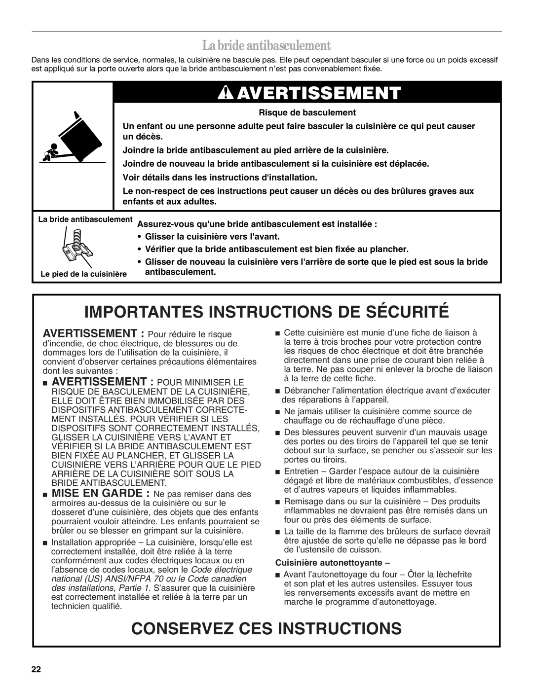 Whirlpool SF378LEPB1 manual Avertissement, Importantes Instructions De Sécurité, Conservez Ces Instructions 