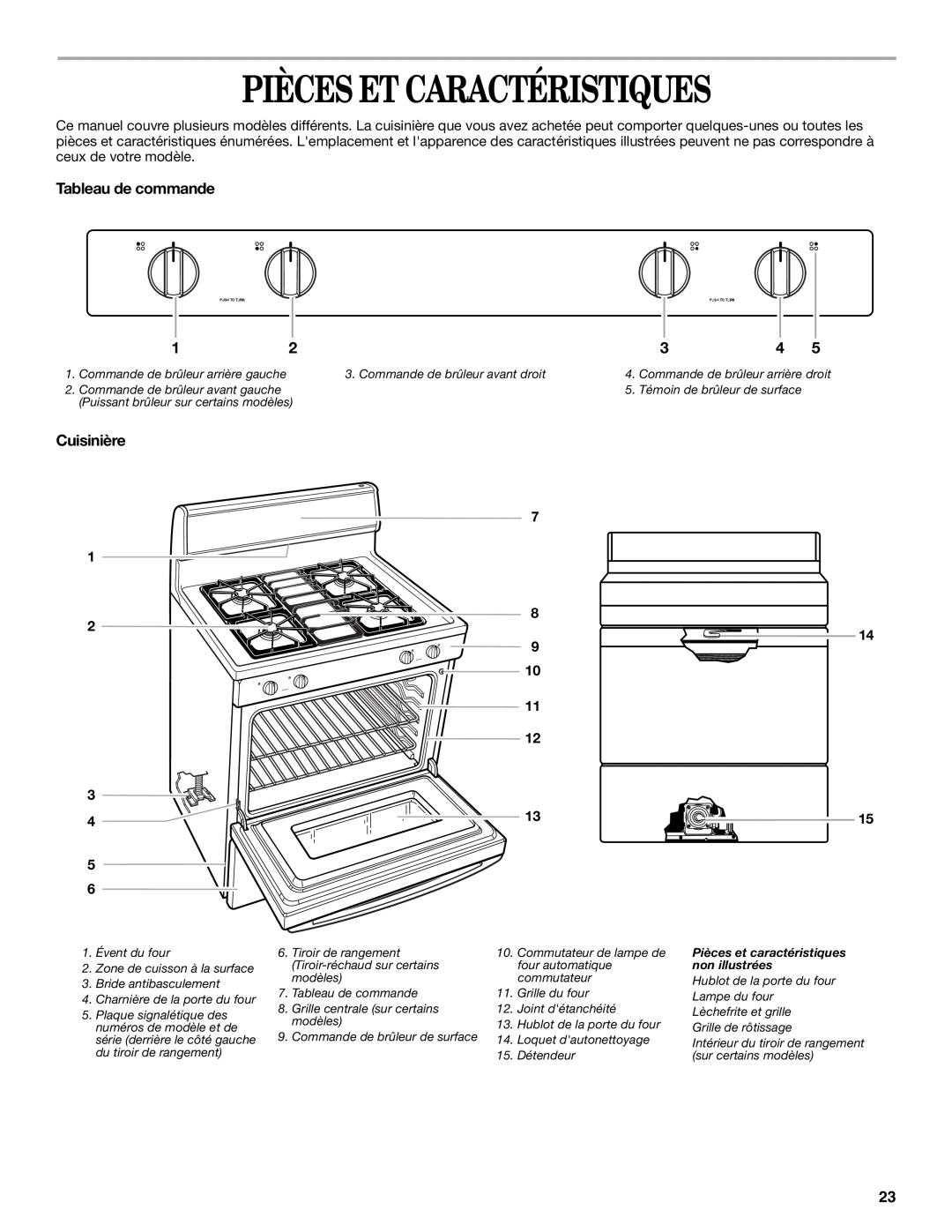 Whirlpool SF378LEPB1 manual Pièces Et Caractéristiques, Tableau de commande, Cuisinière, Pièces et caractéristiques 