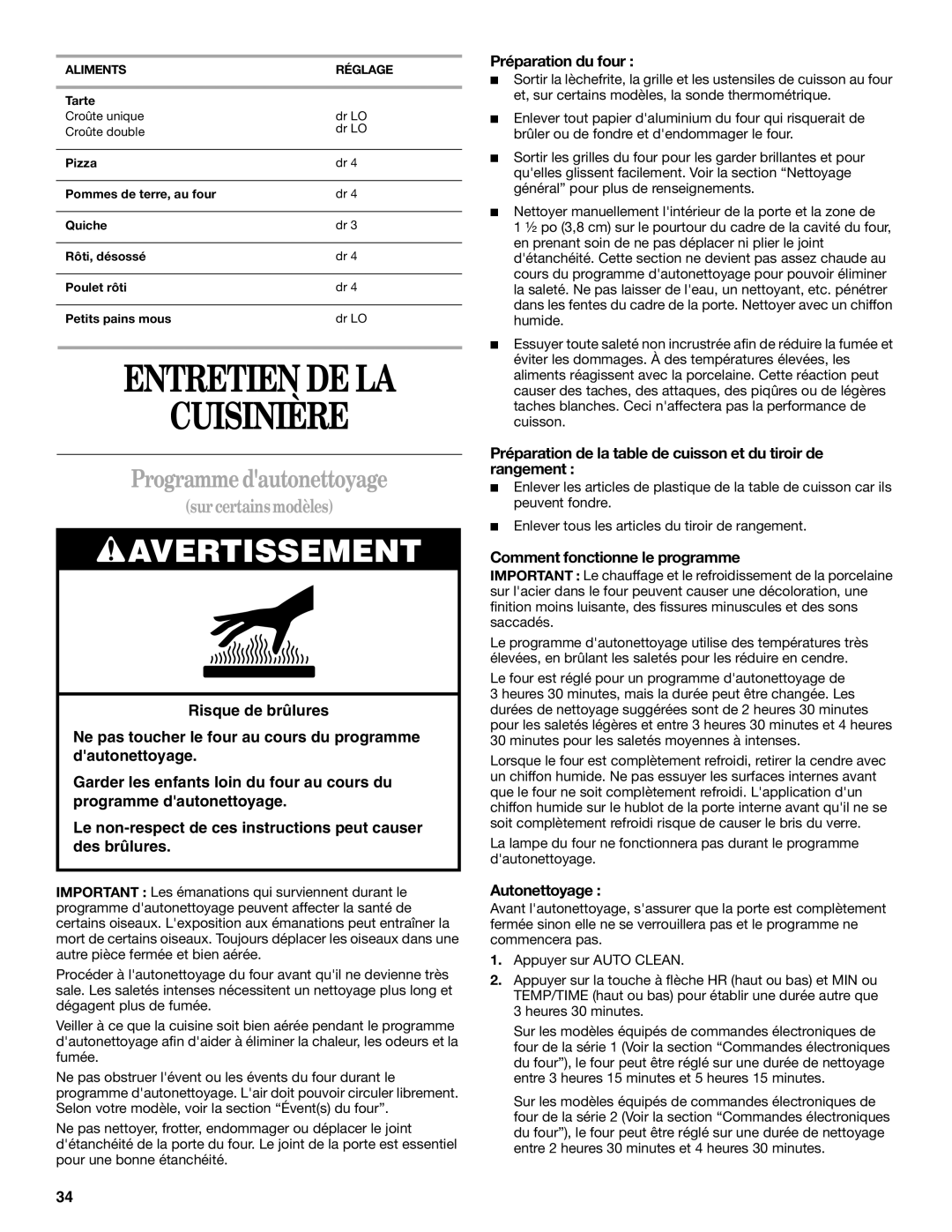 Whirlpool SF378LEPB1 manual Entretien De La Cuisinière, Programme dautonettoyage, Avertissement, sur certains modèles 