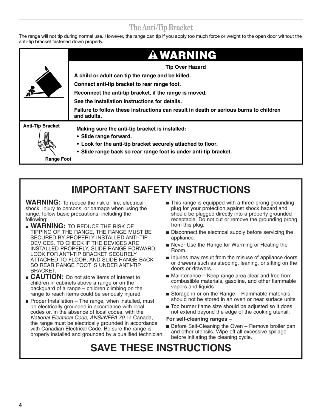Whirlpool SF378LEPB1 manual Important Safety Instructions, Save These Instructions, The Anti-Tip Bracket 
